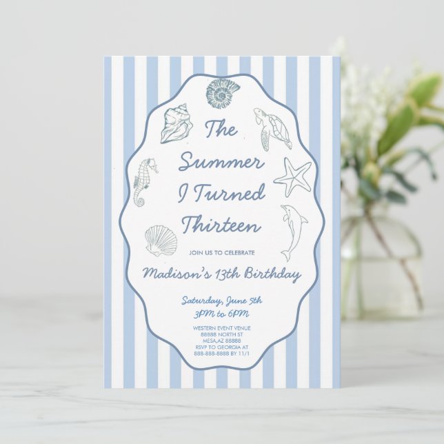 The Summer I Turned Thirteen Blue Birthday Party Invitation (Standing Front)