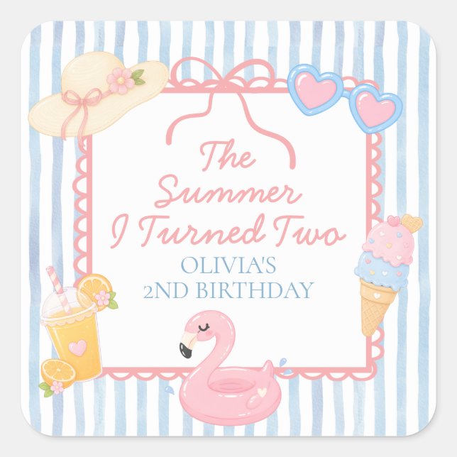 The Summer I Turned Two Beach 2nd Birthday Square Sticker (Front)
