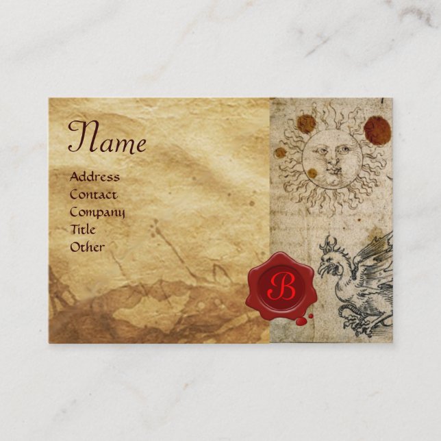 THE SUN , MOON AND BASILISK RED WAX SEAL Monogram Business Card (Front)