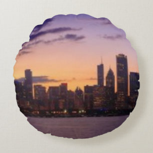 The sun sets over the Chicago skyline Round Cushion