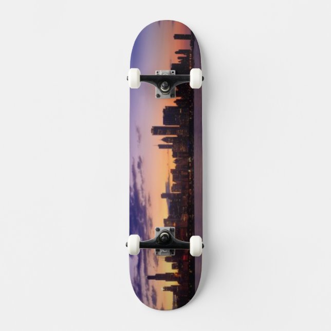 The sun sets over the Chicago skyline Skateboard (Front)