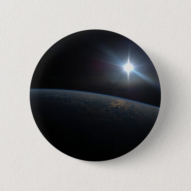 The Sun Setting Over Earth's Horizon. 6 Cm Round Badge (Front)
