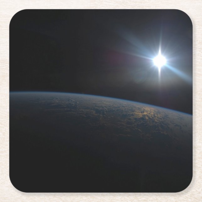 The Sun Setting Over Earth's Horizon. Square Paper Coaster (Front)