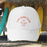 The Surf Club Custom Red Crest Surfers White Trucker Hat<br><div class="desc">The Surf Club custom red crest surfers white hat perfect for your surf trips... red custom surf club crest. Personalise with the details of your gathering... year and destination. Perfect for a family or friends surf trip or surf theme party. Matching accessories available in The Surf Club Cabana Stripe Collection....</div>