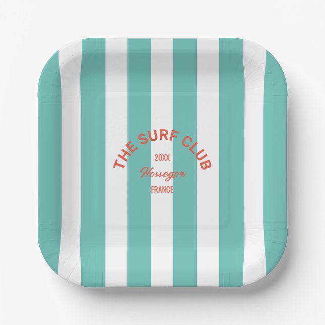 The Surf Club Red Crest Turquoise Cabana Stripe Paper Plate (Front)