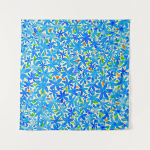 The surface is covered with many small blue flower tapestry