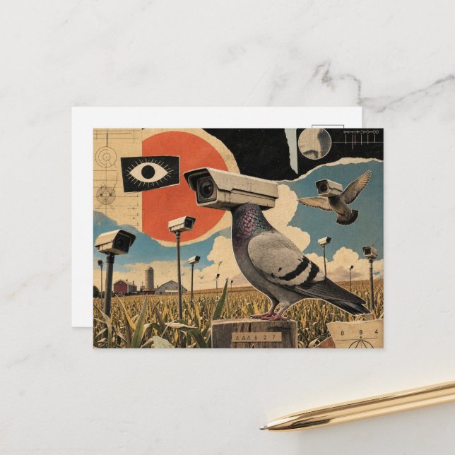 The Surreal Spy Pigeons in the Fields Collage Postcard (Front/Back In Situ)