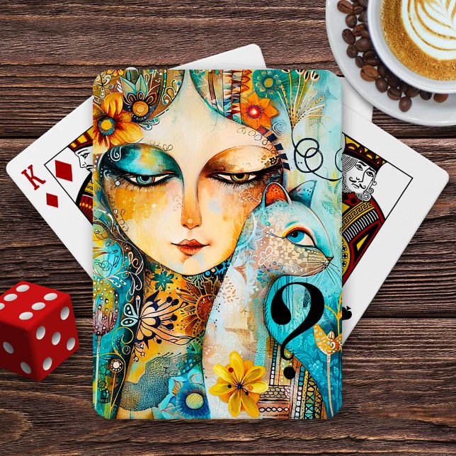 The Suspicious Cat Fine Art Playing Cards (Cat mom playing cards featuring a fine art illustration of a lady and mysterious kitty.)