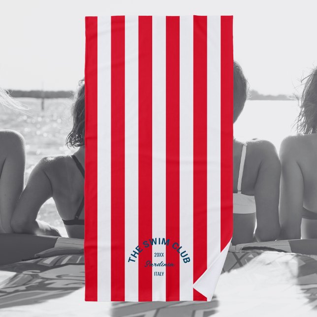 The Swim Club Blue Crest Red Cabana Stripe  Beach Towel (Creator Uploaded)