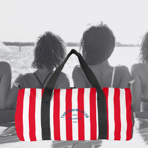 The Swim Club Crest Red Cabana Stripe Monogram Duffle Bag