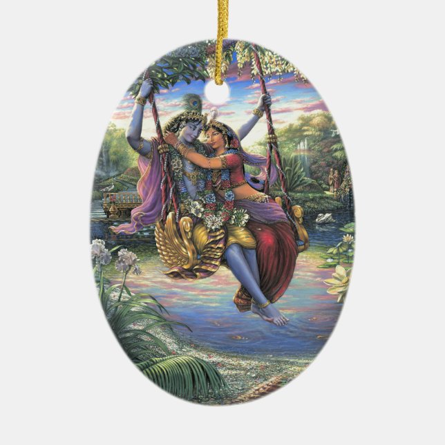 The Swing Pastime - Radha and Krishna Ceramic Tree Decoration (Front)
