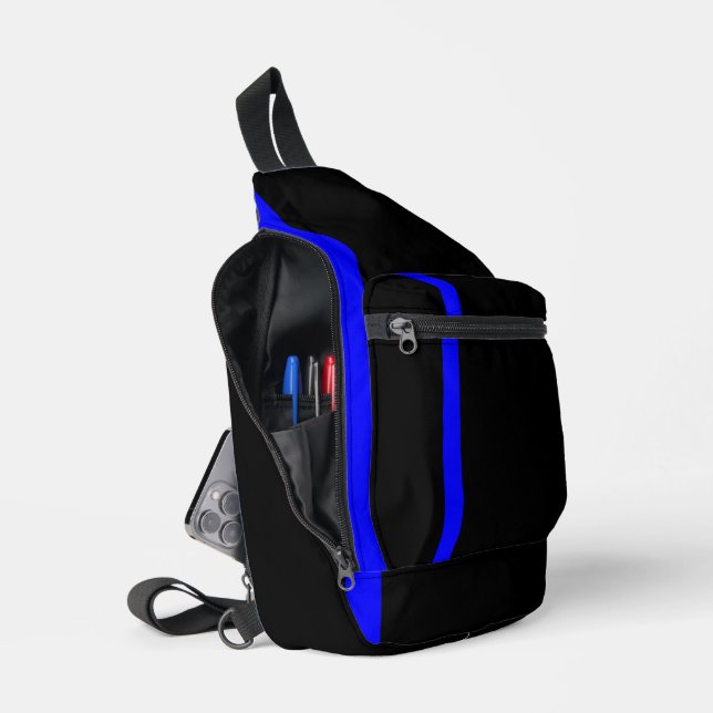 The Symbolic Thin Blue Line on a black decor Sling Bag (Open)