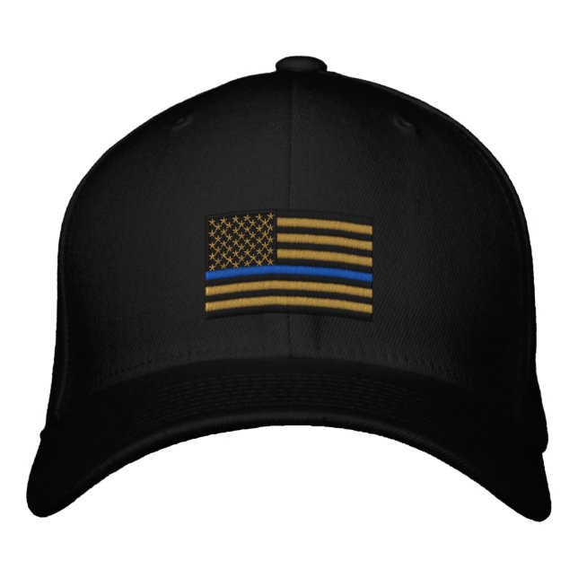The Symbolic Thin Blue Line on Gold US Flag Embroidered Hat (Front)
