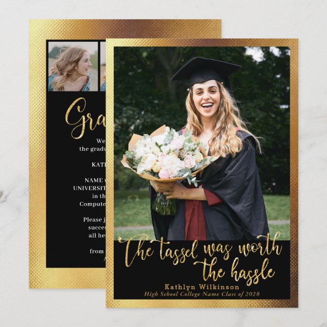 The Tassel was Worth the Hassle Gold 4 Photo Grad Announcement (Front/Back)
