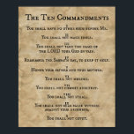 The Ten Commandments Printing Press on Parchment Poster<br><div class="desc">The Ten Commandments,  a list of religious precepts that were divinely revealed to Moses and etched on two stone tablets,  which are replicated here in a classic antique printing press style against a parchment backdrop.</div>