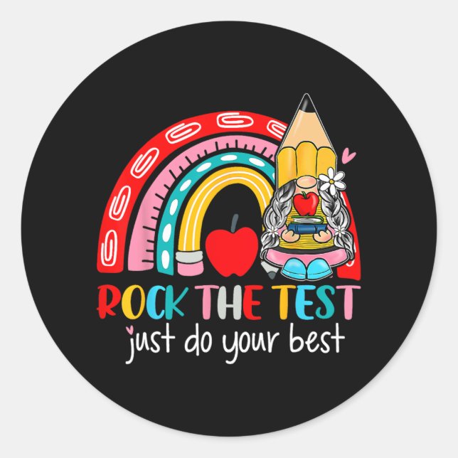 The Test Funny Teacher Testing Day Rainbow Gnomes  Classic Round Sticker (Front)
