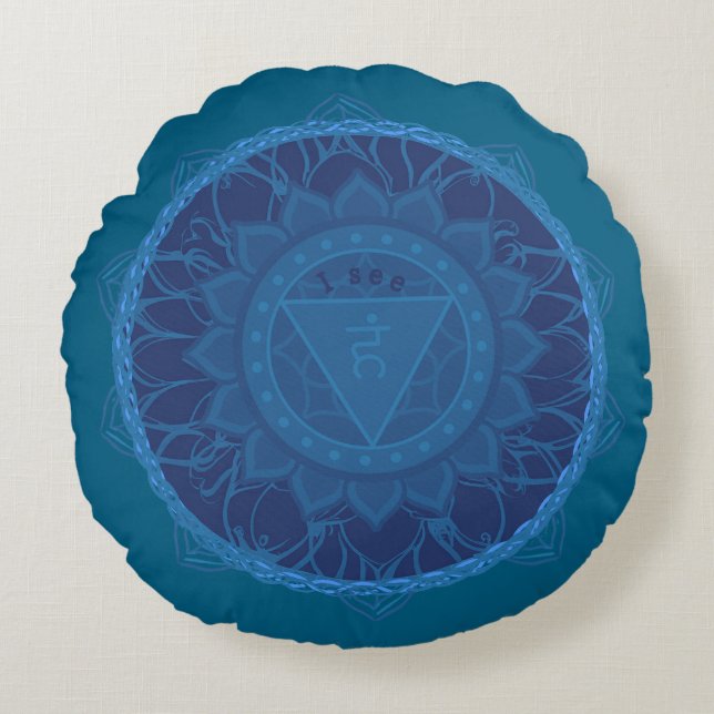 The Third Eye Chakra Mandala Ajna Blue Round Cushion (Front)