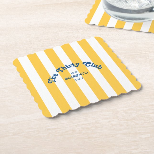 The Thirty Club Yellow Beach Stripe 30th Birthday Paper Coaster (Angled)