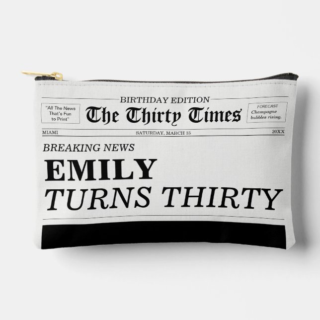 The Thirty Times Newspaper 30th Birthday Party Accessory Pouch (Front)
