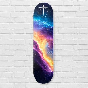The Three Nails Cross Purple Galaxy Christian Skateboard