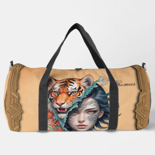The tiger and the woman, strength and grace. duffle bag