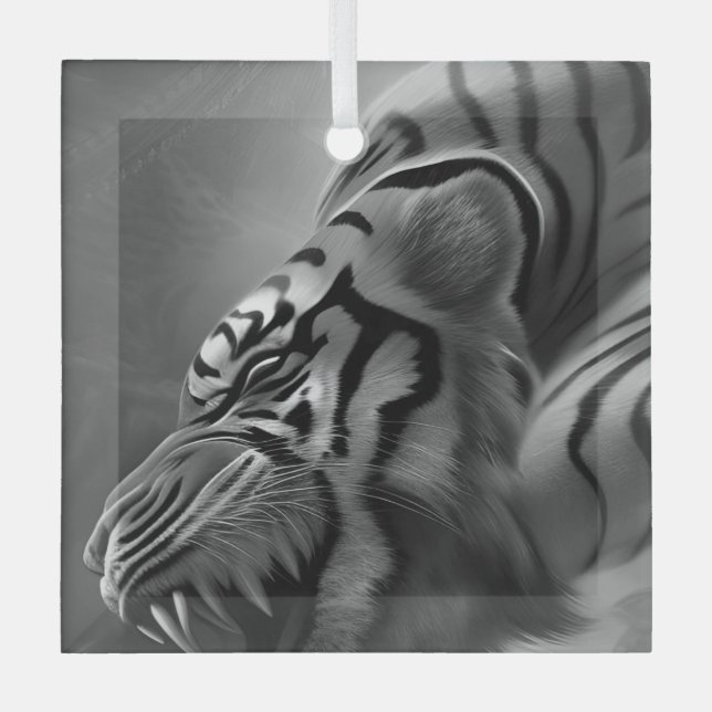 The Tiger Black and White  Glass Tree Decoration (Front)