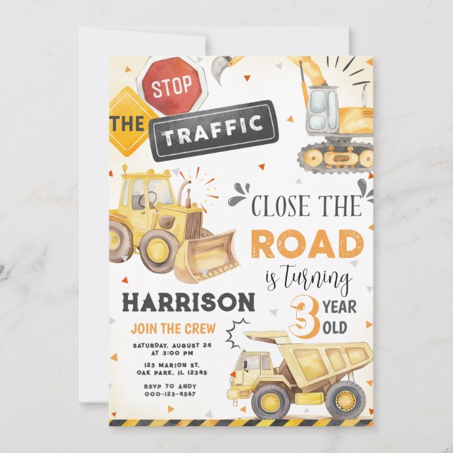 The Traffic Construction Dump Truck Birthday  Invitation (Front)
