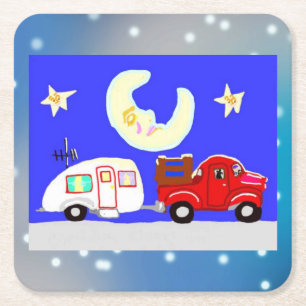 The Truck, The Trailer, And The Sleepy Moon Square Paper Coaster
