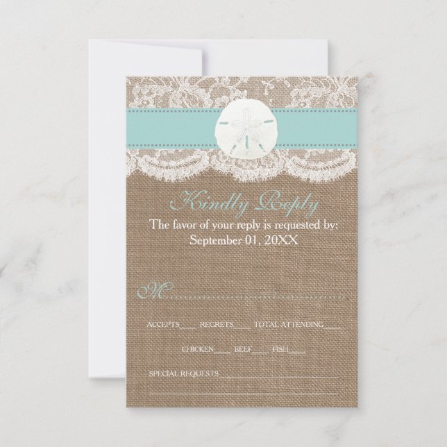 The Turquoise Sand Dollar Beach Wedding Collection RSVP Card (Front)