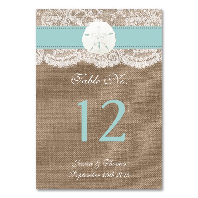 The Turquoise Sand Dollar Beach Wedding Collection Table Number (Front)
