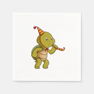 the turtle celebrating the birthday and blowing th napkin