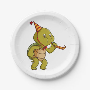 the turtle celebrating the birthday and blowing th paper plate