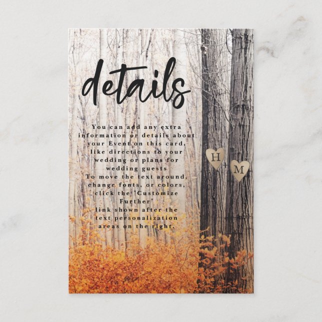 The Two Lovers Carved Trees Fall Wedding Details Enclosure Card (Front)