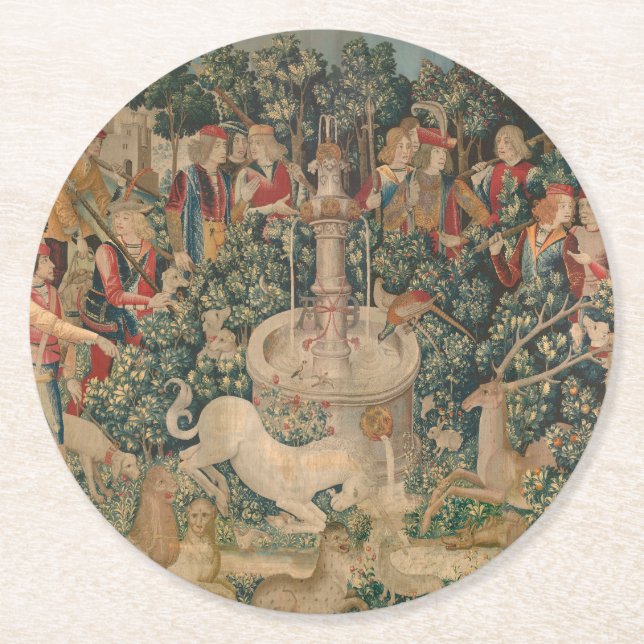The Unicorn is Found, Mediaeval Tapestry Round Paper Coaster (Front)