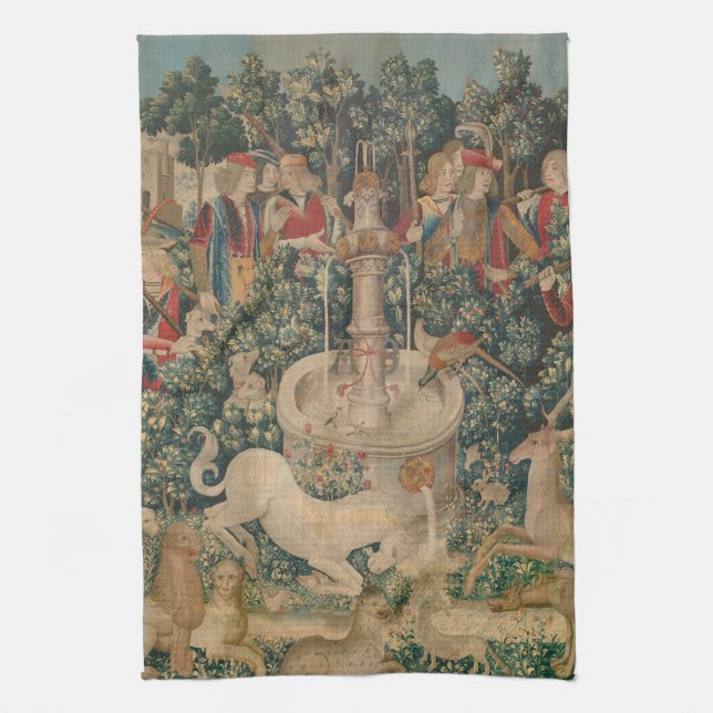 The Unicorn is Found, Medieval Tapestry Tea Towel (Vertical)
