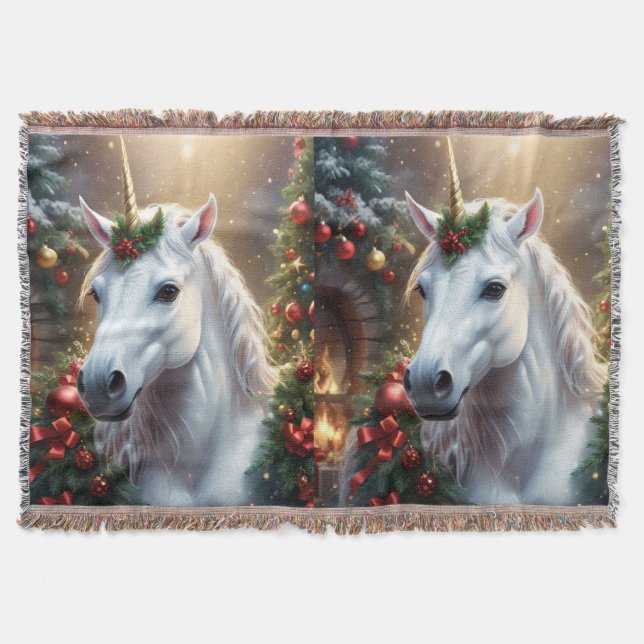 “The Unicorn of Noel” Throw Blanket (Front)