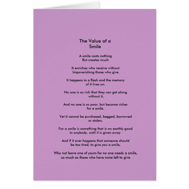 The Value of a Smile poem (Front)