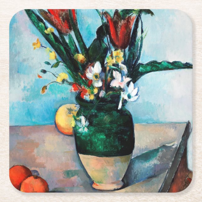 The Vase of Tulips, Paul Cezanne Square Paper Coaster (Front)