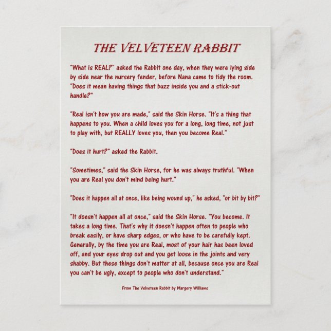 The Velveteen Rabbit - What is Real?  Postcard (Front)