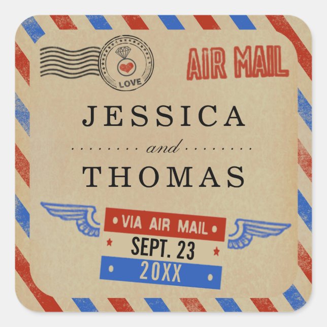 The Vintage Airmail Wedding Collection Square Sticker (Front)