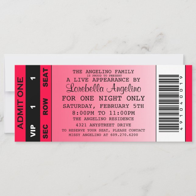 The VIP Ticket Birthday Invitation (Hot Pink) (Front)