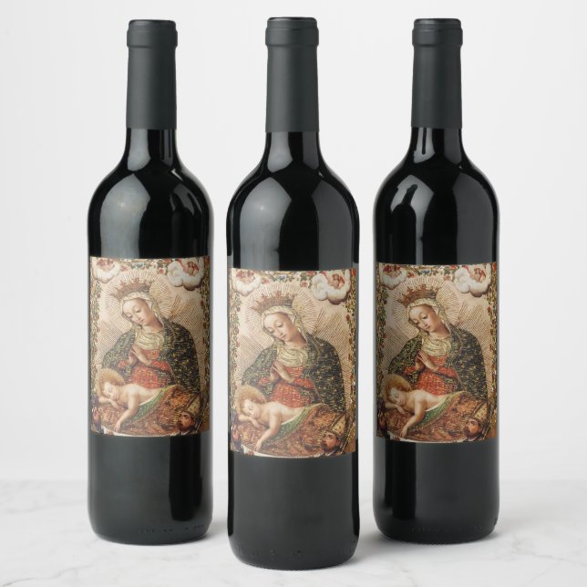 The Virgin Adoring the Christ Child at Christmas Wine Label (Bottles)