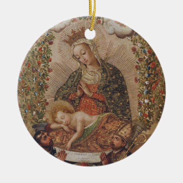 The Virgin Adoring the Christ Child Christmas Ceramic Tree Decoration (Front)
