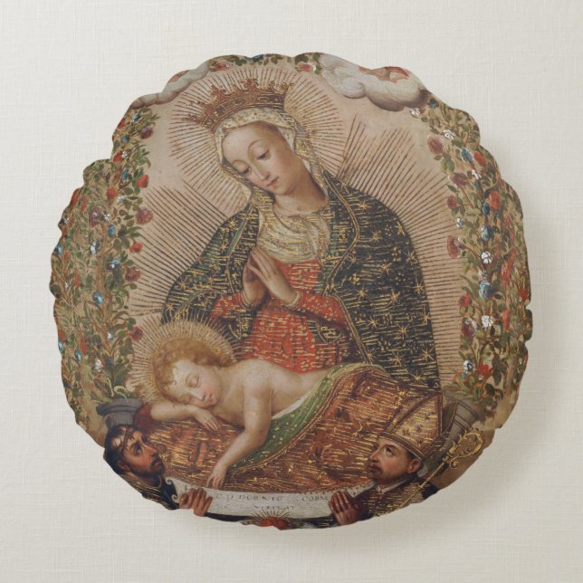 The Virgin Adoring the Christ Child Christmas Round Cushion (Front)
