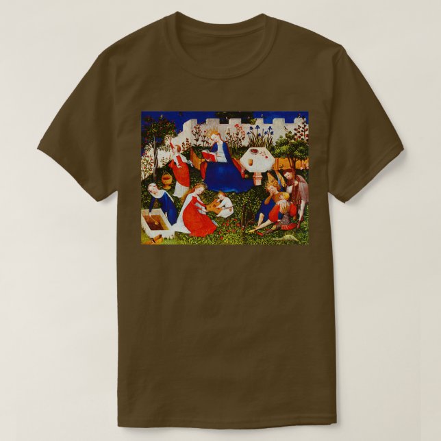 The virgin Mary and Jesus with saints in a garden  T-Shirt (Design Front)