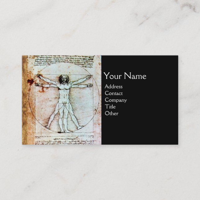 THE VITRUVIAN MAN , Antique Black Brown Parchment Business Card (Front)