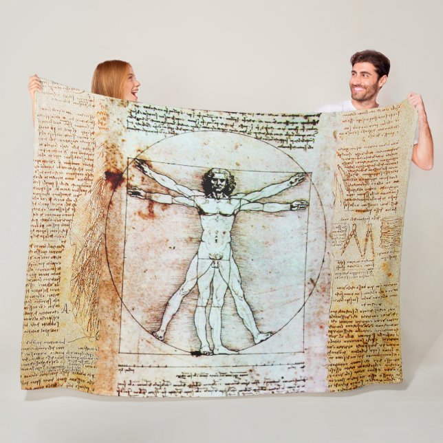 THE VITRUVIAN MAN by Leonardo Antique Parchment Fleece Blanket (In Situ)