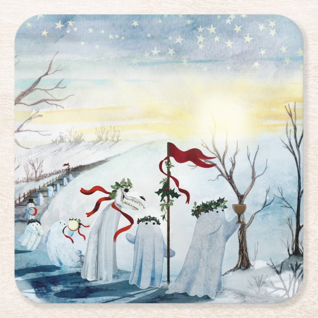 The Wassailing Ghosts Square Paper Coaster (Front)