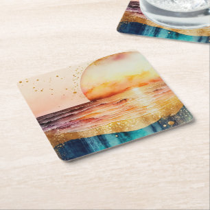 The Watercolor Beach Series Design 3 Square Paper Coaster