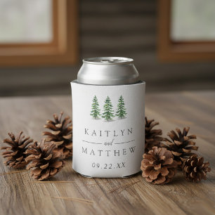 The Watercolor Pine Tree Forest Wedding Collection Can Cooler